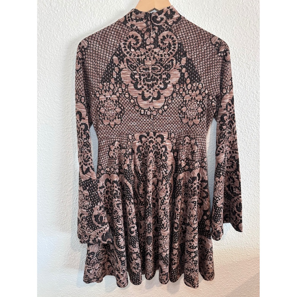 Free People Mock Neck Damask Knit Mini Dress Brown Black‎ Long Sleeve Small - Picture 2 of 5
